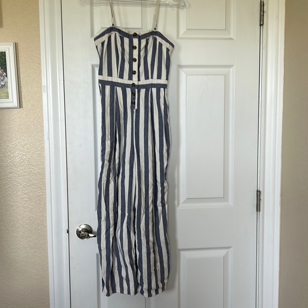 American Eagle Sleeveless Jumpsuit Romper Womens Blue White Striped Cropped